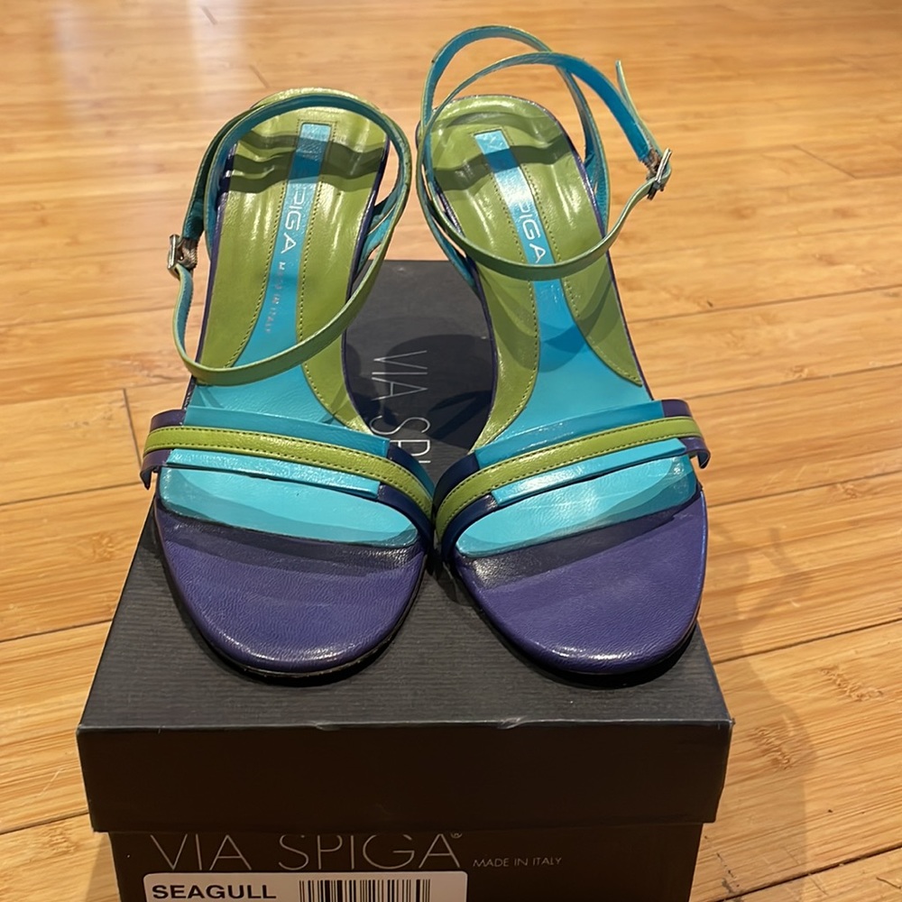 Via Spiga Blue, Green & Purple Strappy Heels - Picture 2 of 6